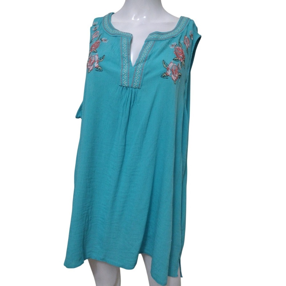 Whispers New‎ York Blouse Tunic Woman 2X Teal Boho Floral Embroidery Sleeveless